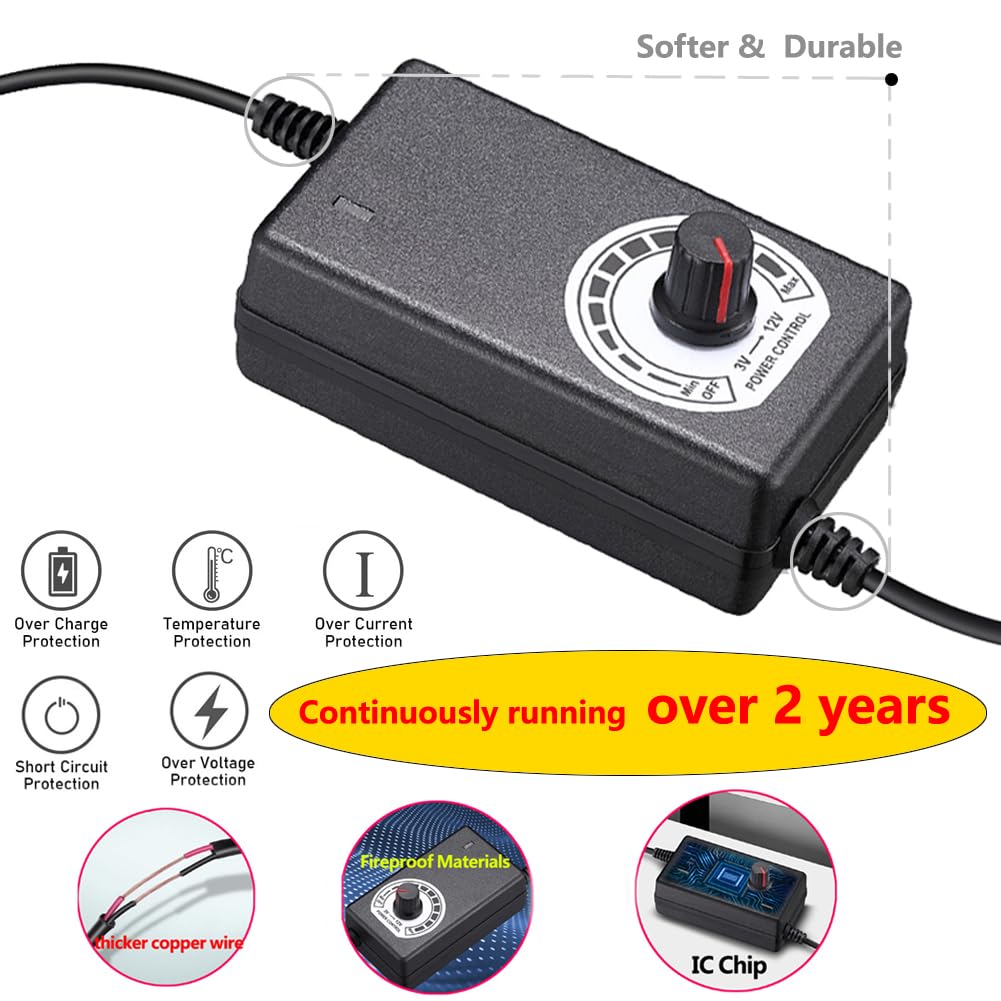 Delinx Triple 3-Pin and 4-Pin PC Fan Power Adapter, 12V Fan Speed Controller,100-240vAC to 3-12vDC Adjustable Power Supply