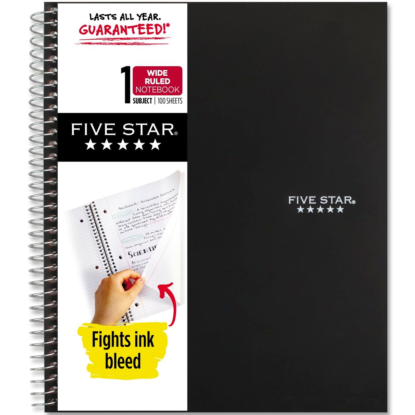 Five Star Spiral Notebook + Study App, 1 Subject, Wide Ruled Paper, 8" x 10-1/2", 100 Sheets, Fights Ink Bleed, Water Resistant Cover, Black (72021)