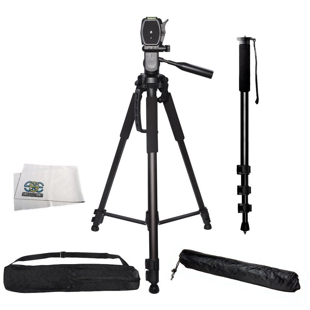 Professional PRO 72" Tripod 3-way Panhead Tilt Motion with Built In Bubble Leveling Indicator with Deluxe Carrying Case + 72 Inch Heavy Duty Monopod
