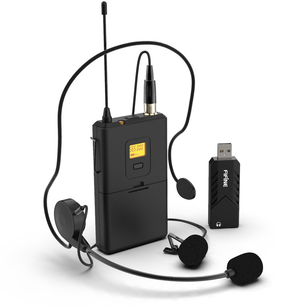 FIFINE Wireless Microphones for Computer, USB Wireless Microphone System for PC and Mac, Headset UHF System with USB Receiver,Transmitter, Headset and