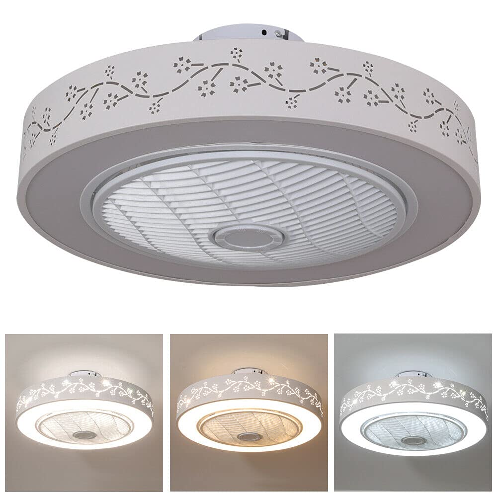Ceiling Fan Light, Enclosed Round Smart LED Dimmable Ceiling Lighting Fan with Invisible Blades,Semi Flush Mount Low Profile Fan W/Remote Control