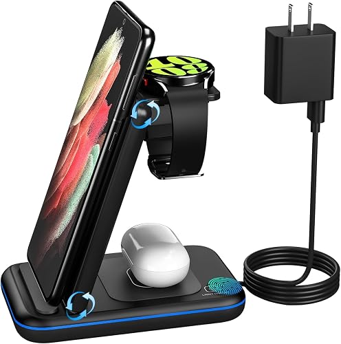 Wireless Charger for Samsung/Android, HOLYJOY Foldable 3 in 1 Fast Charging Station/Stand/Multi Charger for Samsung S25 Ultra/S24/Note 20, Travel Pad