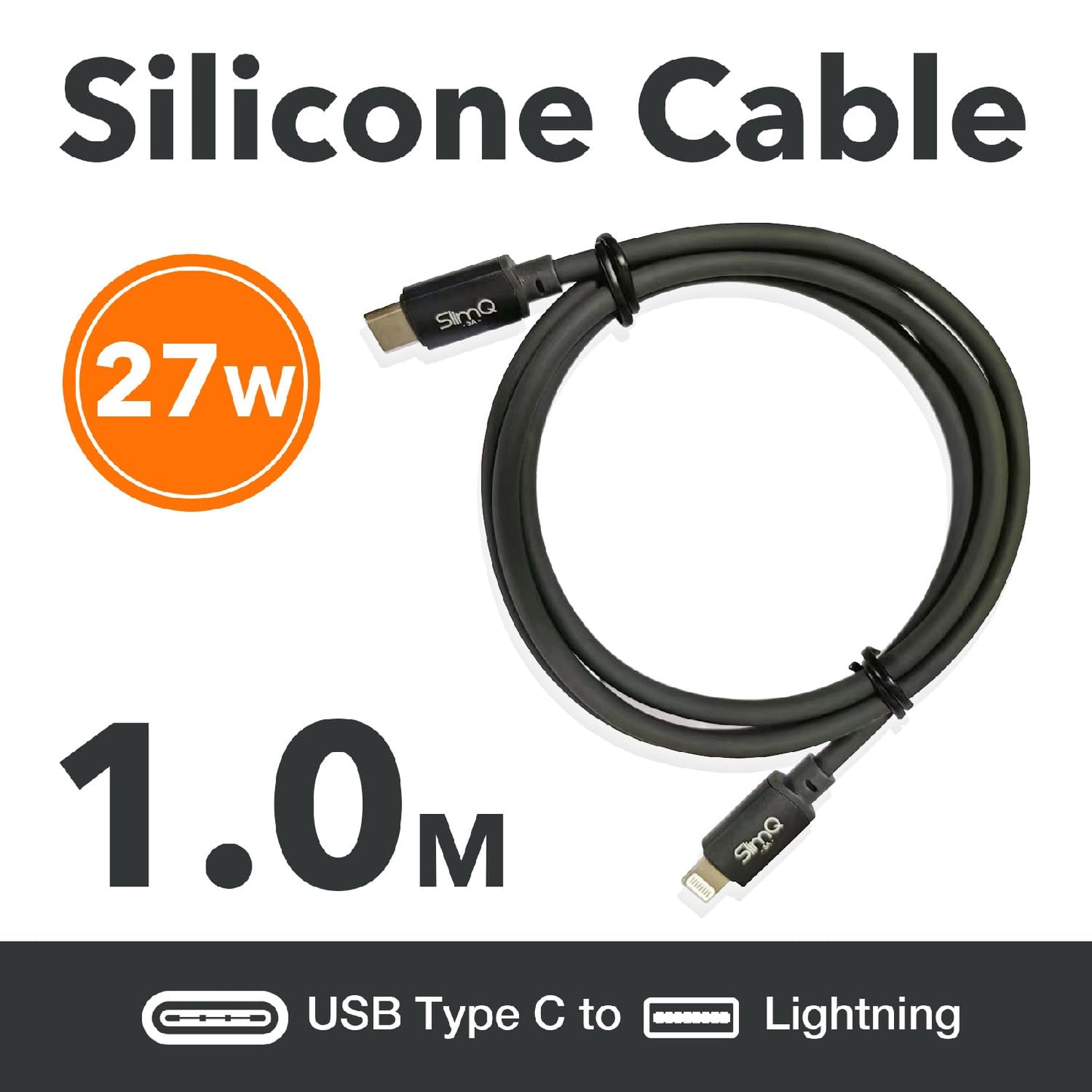 SlimQ USB-C Cable Compatible with Light- ning, Compatible with iPad, iPhone, iPod Charging (Type C, 3ft, Gray)
