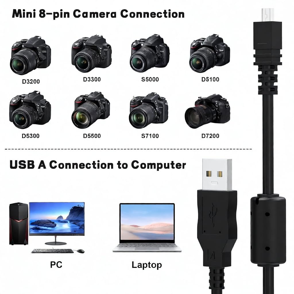 Qumrya UC-E6 USB Data Transfer Cable for Nikon COOLPIX S3000 S3100 S3200 Cameras, 5ft/60in High-Speed Sync Cord, Plug & Play