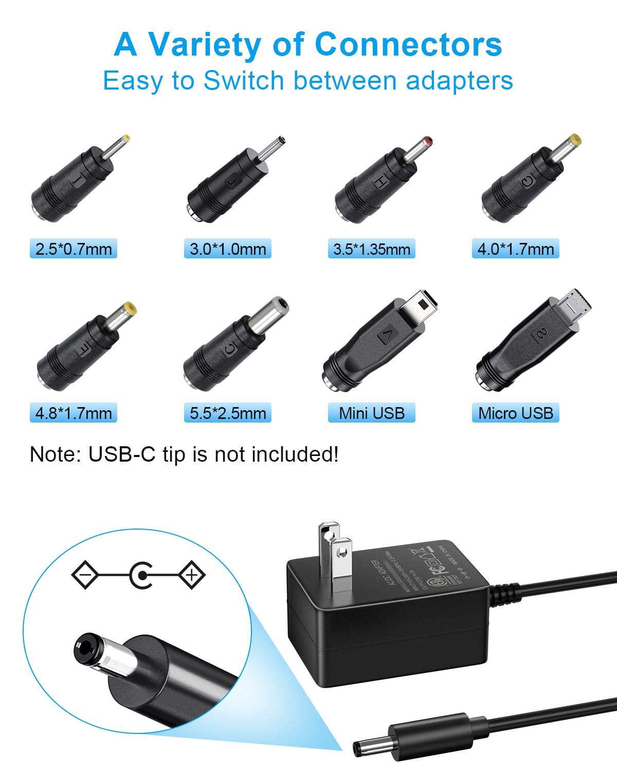 SoulBay 5V 2A Power Supply Adapter 10W AC100-240V to DC 5 Volt 2Amp Versatile Charger Cord with 8 Plugs for USB Hub TV Box Tablet Camera Speaker GPS…
