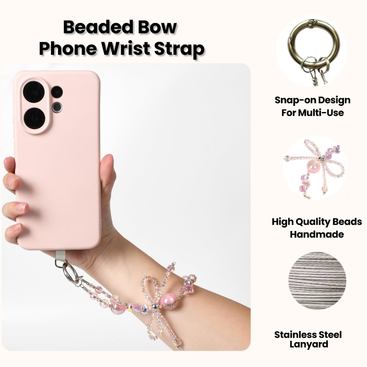 NUANJUYU Handmade Sparkling Crystal Bead Phone Wrist Strap,Beaded Bow - Anti-Drop Strap & 2 Tabs - Women Gift ?Crystal Pink?