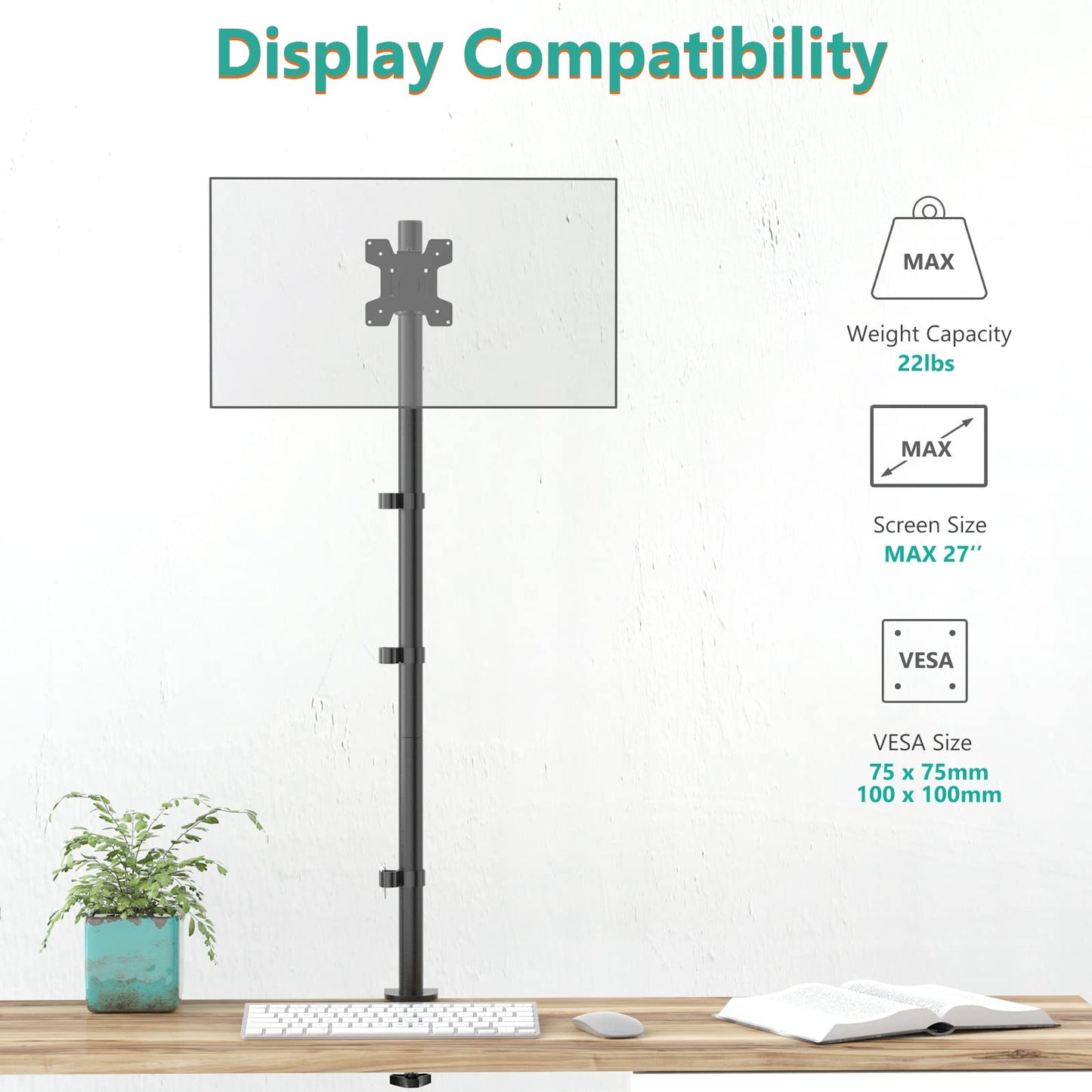 WALI Single Monitor Stand Desk Mount, 39 inch Tall Monitor Stand Fully Adjustable, Articulating Arm for Computer Screen up to 32 inch, 22lbs