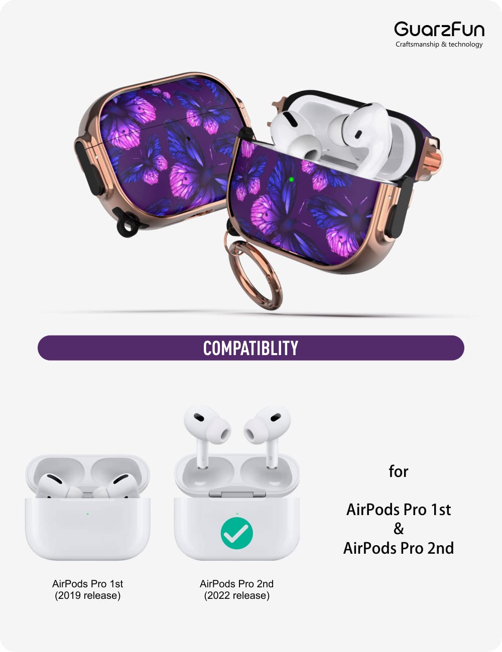 GuarzFun AirPods Pro 2 Case with Lock - Purple Butterfly