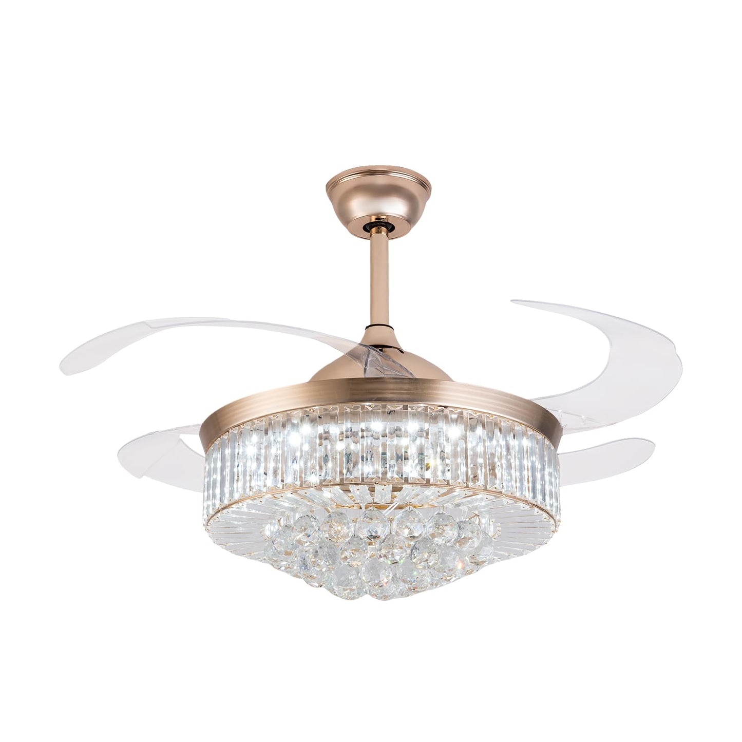 Gdrasuya10 42 Inch Crystal Ceiling Fan Light, 4 Blade Retractable Blade Chandelier Remote Control LED Pendant Light Dimmable 3 Colors Change