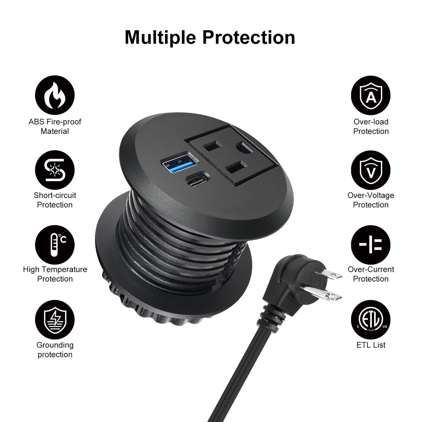 20W USB-C Fast Charge Recessed Power Grommet, 2 inch Flush Mount Desk Outlet with 6.5 FT Extension Cord, Space-Saving Countertop Power Strip for Home