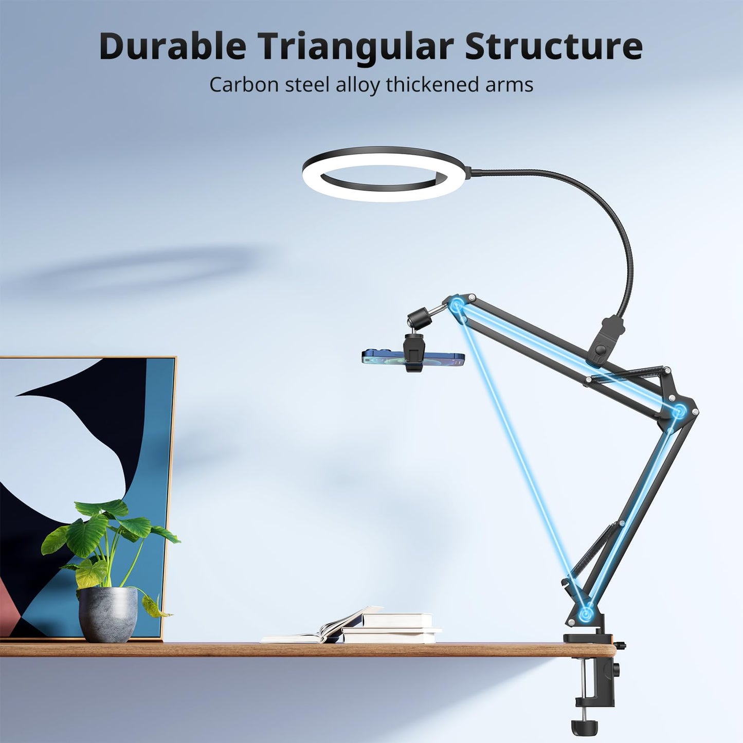 UBeesize 10" Ring Light with Overhead Phone Mount, LED Selfie Light with Stand and Phone Holder, Desk Light for iPhone, Desk Tripod for Video
