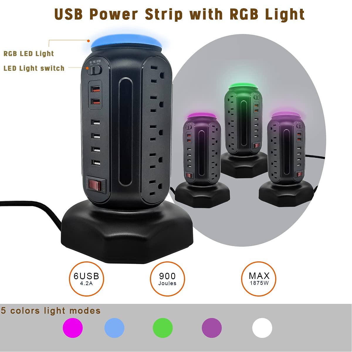 Power Strip Tower 15 Outlets 6 USB Ports, Surge Protector with Colorful Led Light & USB Fast Charge,Desktop Charging Station with 6.5ft Heavy Duty