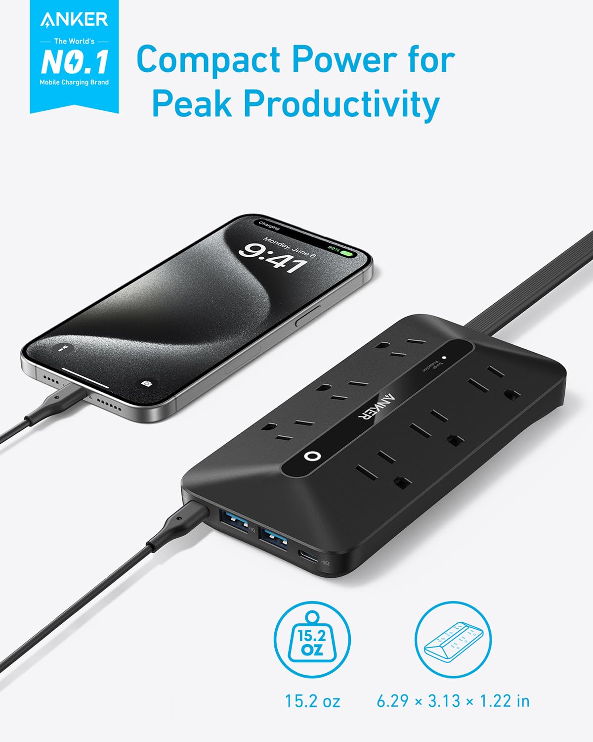 Anker Power Strip with 300J Surge Protector, Flat Plug Extension Cord with Multiple Outlets, 6 AC, 2 USB A & 2 USB C Ports for 20W, 5ft Outlet