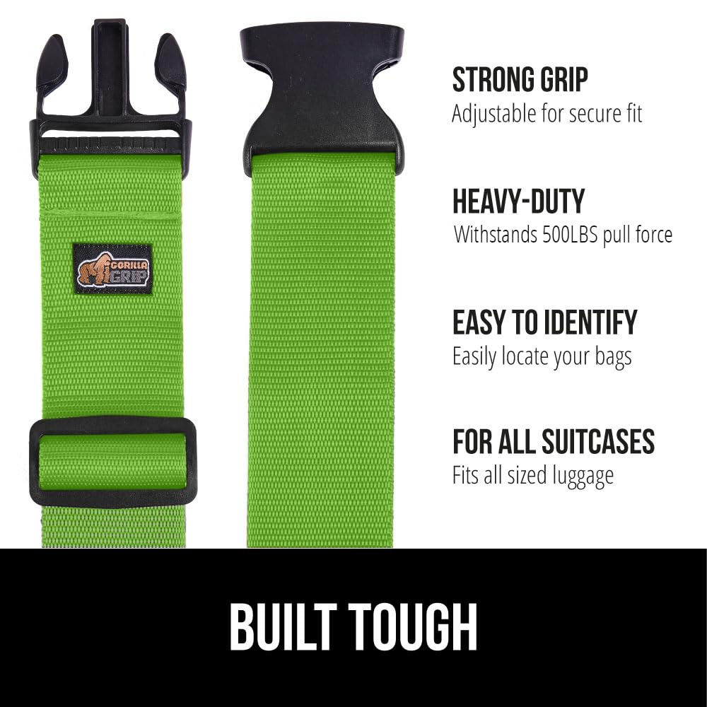 GORILLA GRIP Heavy Duty Luggage Straps – 2 Pack Adjustable Travel Belts to Secure Suitcases, Connect Bags & Extend Luggage Life (Green)