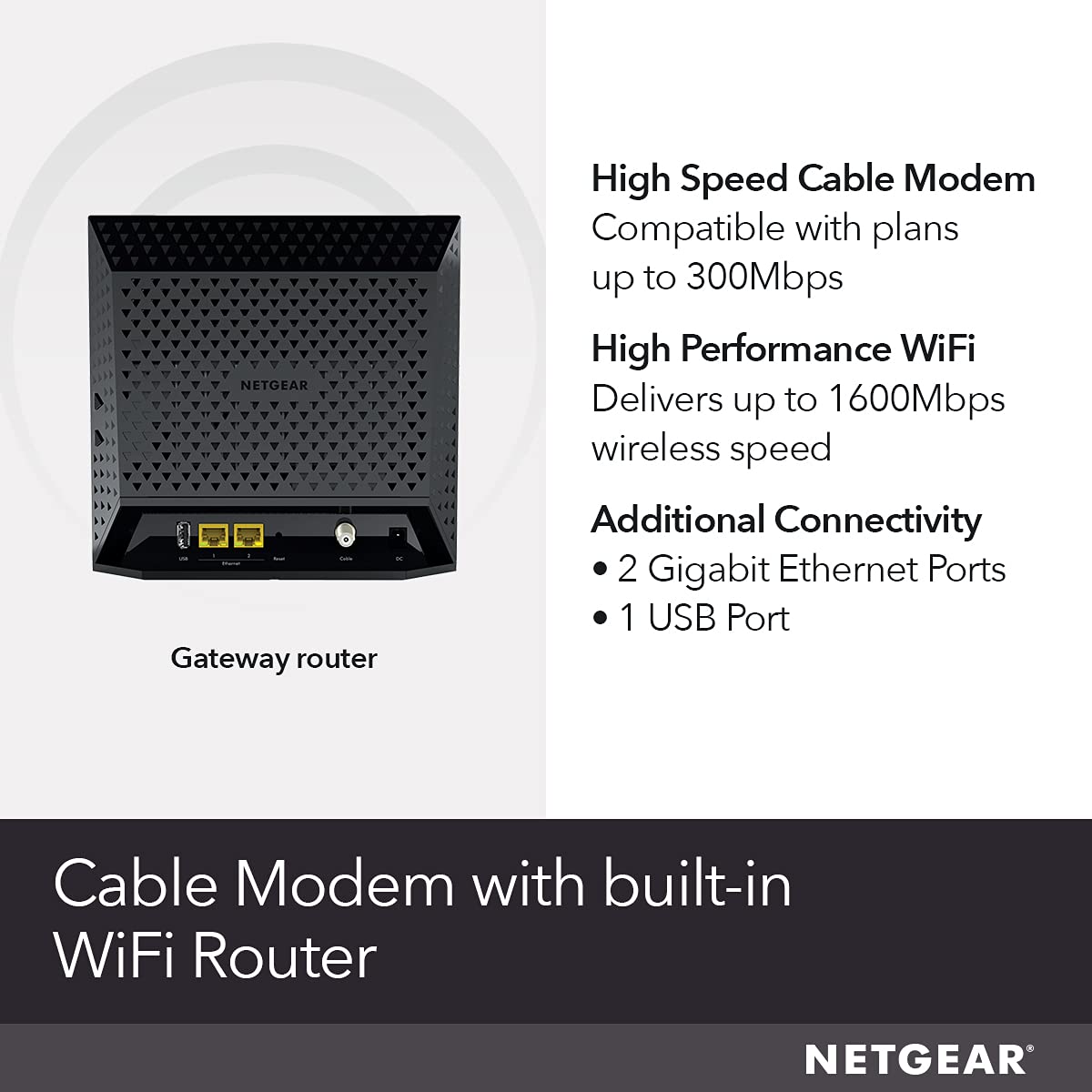 NETGEAR Cable Modem Wi-Fi Router Combo C6250 - Compatible with All Cable Providers Including Xfinity by Comcast, Spectrum, Cox | for Cable Plans Up