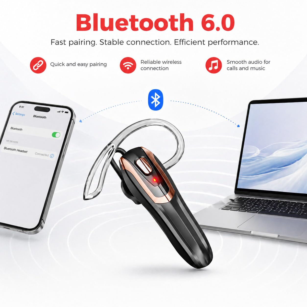 Bluetooth Earpiece Headset V6.0 with Noise Cancelling & 38 Hours Talk Time - Trucker Handsfree Earpiece, Dual Device Pairing, Single Ear Wireless