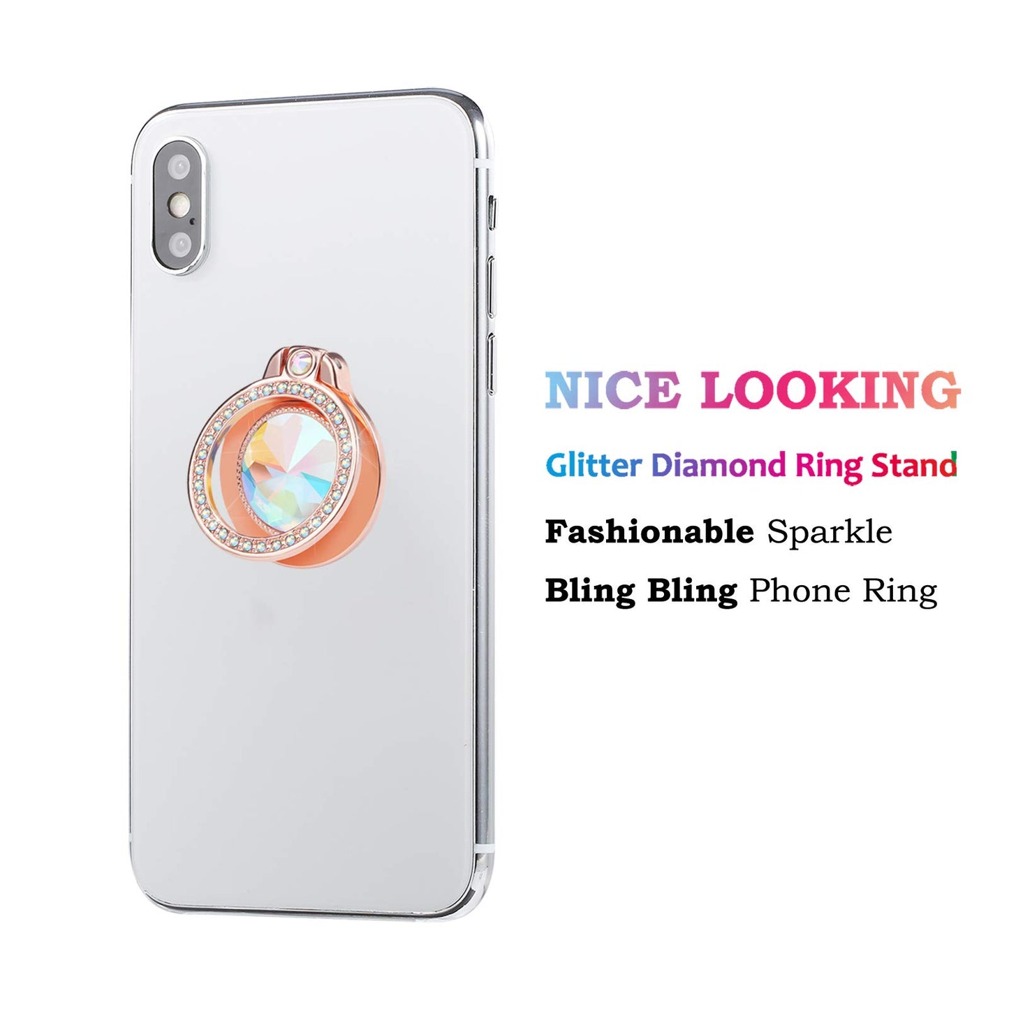 lenoup Glitter Bling Bling Phone Ring Holder, Sparkle Phone Ring Artificial Diamond Stand, Rhinestone Cell Phone Finger Ring for Phones,Pad(Rose Gold)