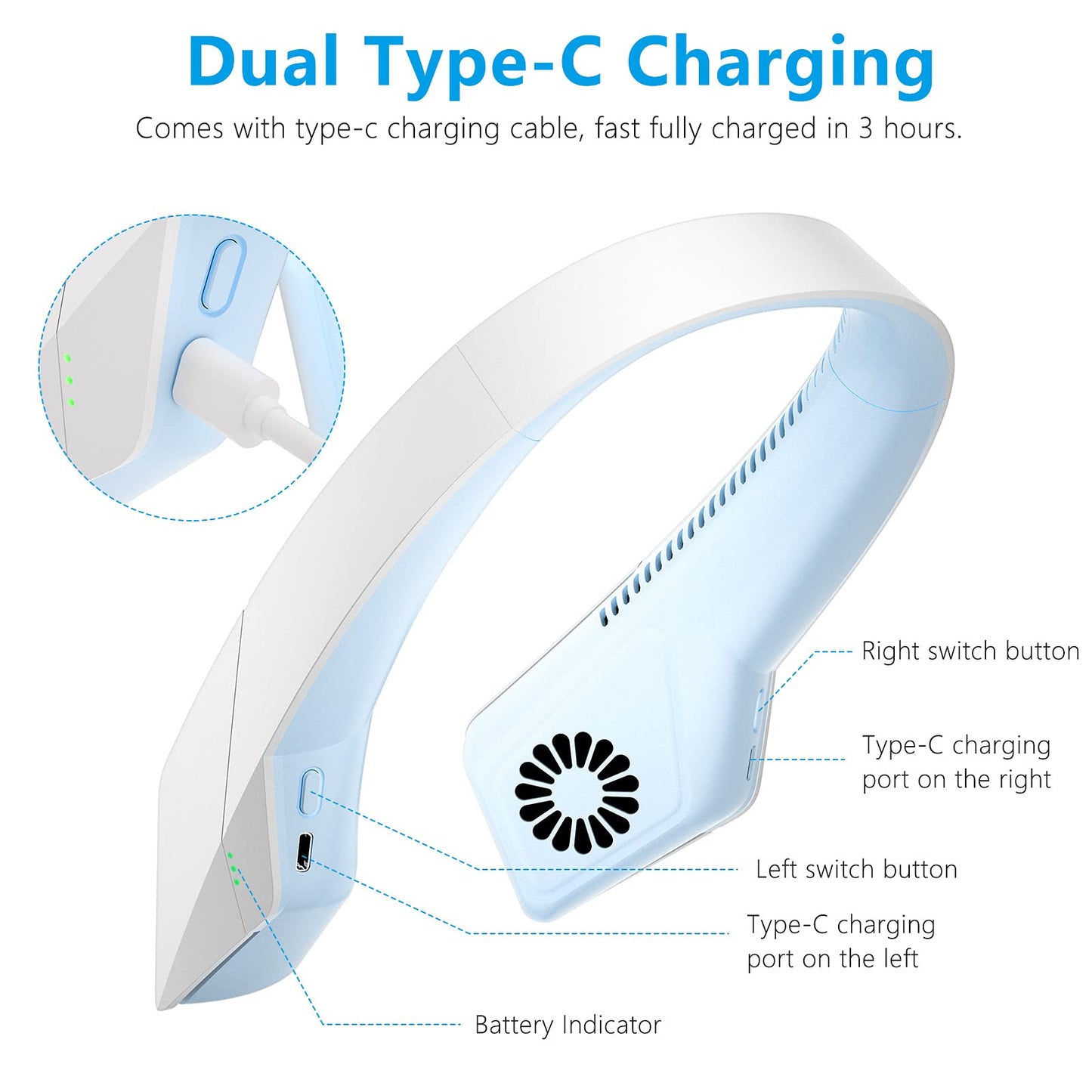 MECORDS, Neck Fan Portable Bladeless Personal Fans 360degree Cooling USB Rechargeable Headphone Design 3-Speed Adjustment for Outdoor Indoor Sports