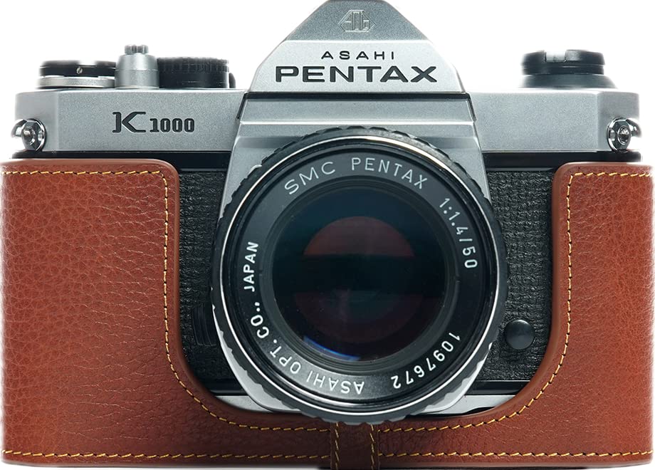 K1000 Case, BolinUS Handmade Genuine Real Leather Half Camera Case Bag Cover for Pentax Asahi K1000 Camera With Hand Strap (Brown)