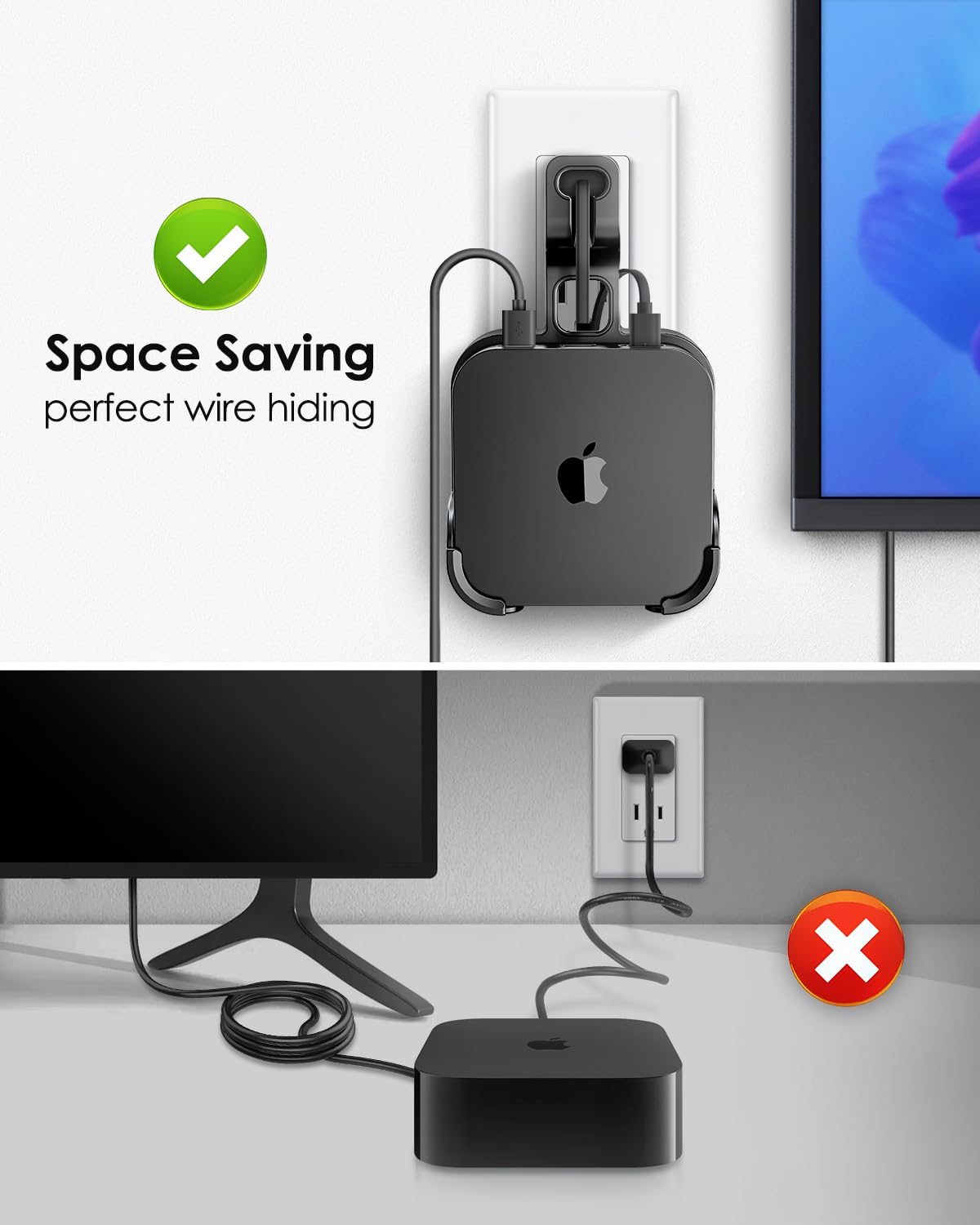 volport Wall Mount Holder Bracket for Apple TV 4k 3rd Generation - Outlet Hanger Stand for Apple-TV 4k+ Gen 3 Built-in Cable Management, Hide & Store