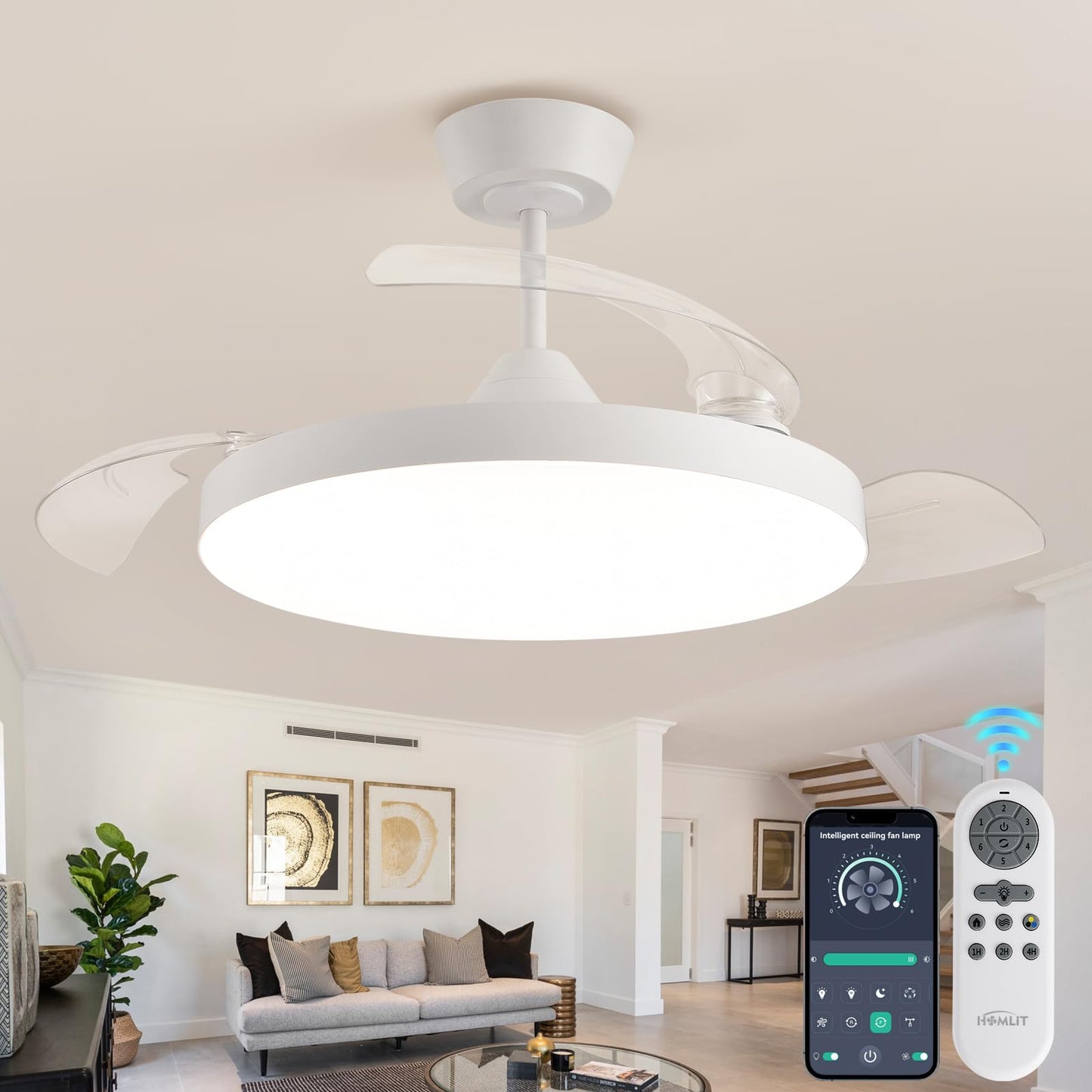 Homlit 42 Inch Retractable Ceiling Fan, Low Profile Flush Mount Ceiling Fan with Remote/App Control, 3 Retractable PC Blades Dimmable LED, 6-Speed