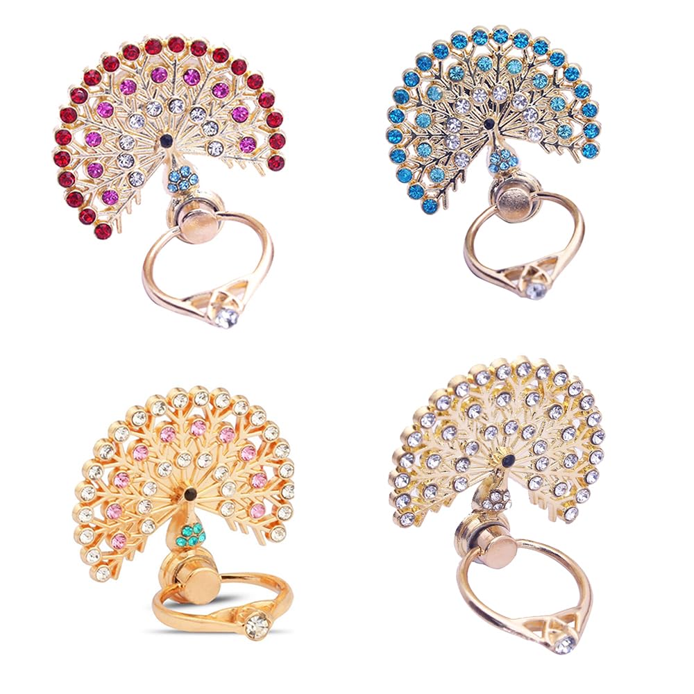 4 Pack Fashion Cell Phone Grip Rings Metal Gold Sparkly Rhinestone Decals and Stickers, Womens Colorful Crystal Peacock Finger Ring Rotatable