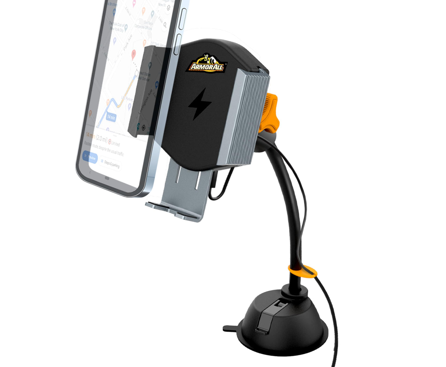 Armor All Wireless Charging Phone Holder, 15W Fast Charging Car Phone Mount, Flexible Gooseneck, Suction Cup and Cord Clip, 360 Degree Adjustable