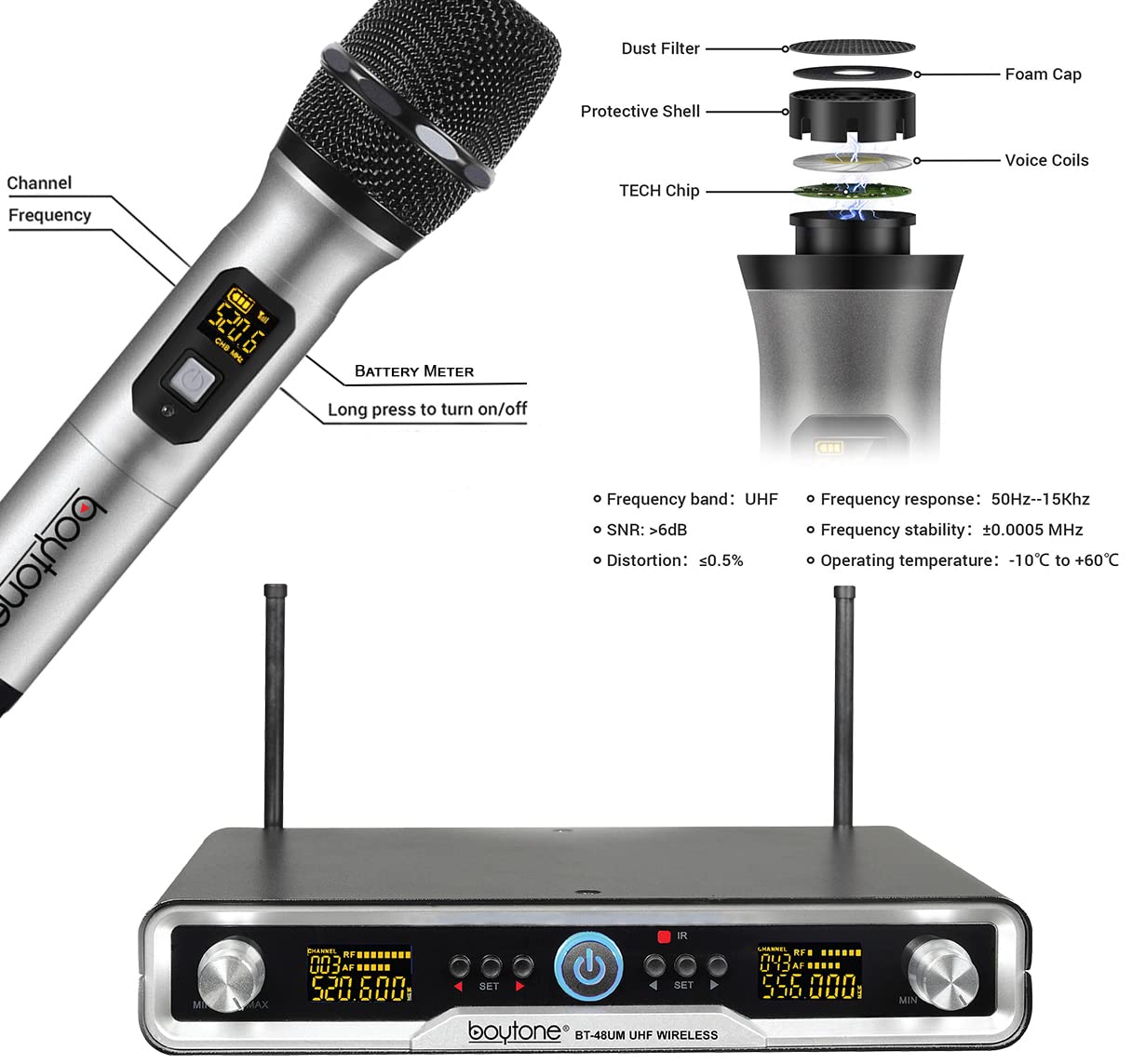 Boytone BT-48UM 100 Channels Wireless Microphone Dual Metal Professional UHF Cordless Dynamic Mic Handheld Microphone System, for DJ, Meeting, Party
