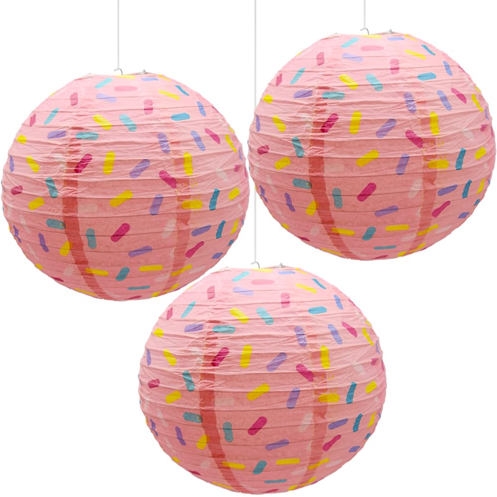 Hocansen 3 PCS Paper Lanterns Donut Decorations 25cm/8in Hanging Papers Lantern Party Decorations DIY Hanging Lamp Foldable Round Paper Ice Cream