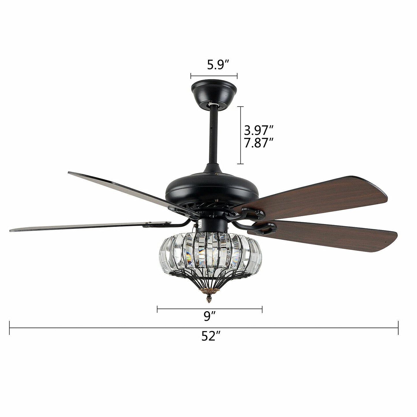 Kathring Modern Black Crystal Ceiling Fan with 52" Crystal Blades, Energy Saving Light, 3-Speed, Quiet Operation, Remote Control for Home/Indoor