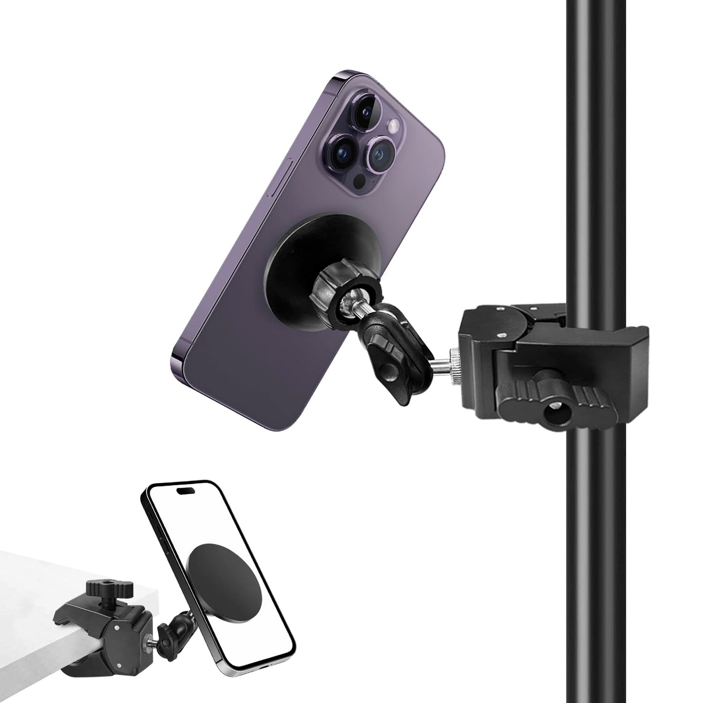 Khazylorr Mic Stand Phone Holder, for MagSafe Clamp Mount Phone Holder Handlebar, 360° Swivel Magnetic Microphone Stand Phone Mount Clip for iPhone 16