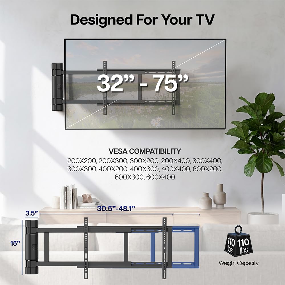 VIVO Steel Low Profile, Manual Swing TV Wall Mount for 32 to 75 inch LCD LED Plasma Screens, Articulating TV Bracket with 180 Degree Swivel