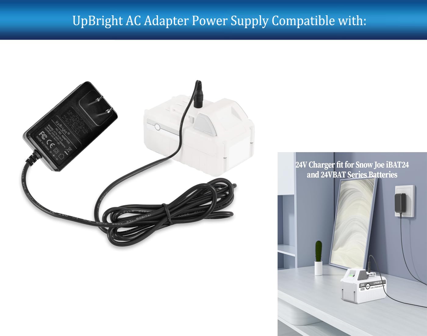 UpBright 24V AC Adapter Compatible with Snow Sun Joe 24VBAT 24VBAT-LT 24 V-GS-LTW SJ-WD24V TJW24C 24 V-PP350-LTE 24VAJC-LTW 24VJB-LTE 24VTB-LTE…