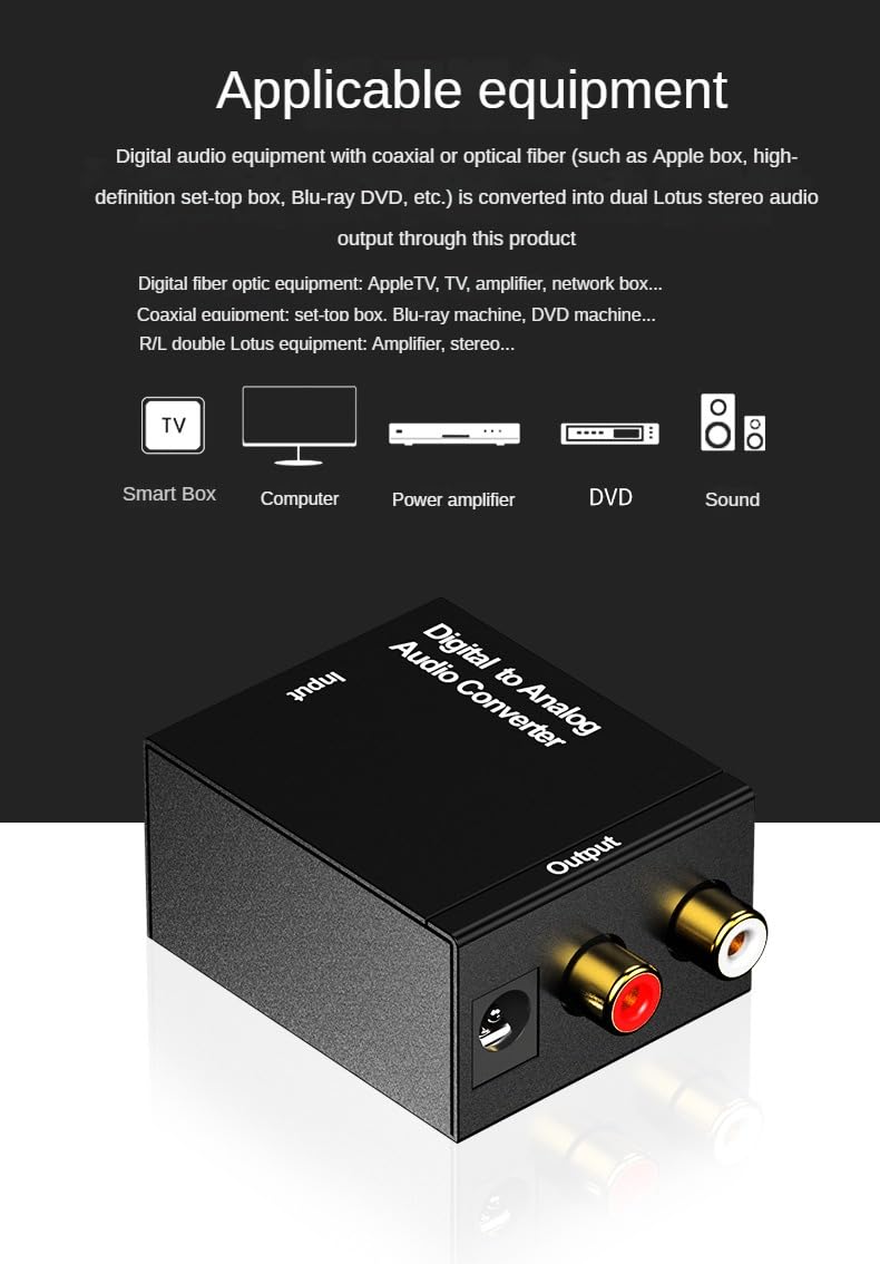 Digital to Analog Audio Converter, Optical/Coaxial/Spdif to RCA, 96KHz Sampling Rate, Gold-Plated Interface It is Suitable for converting Audio from