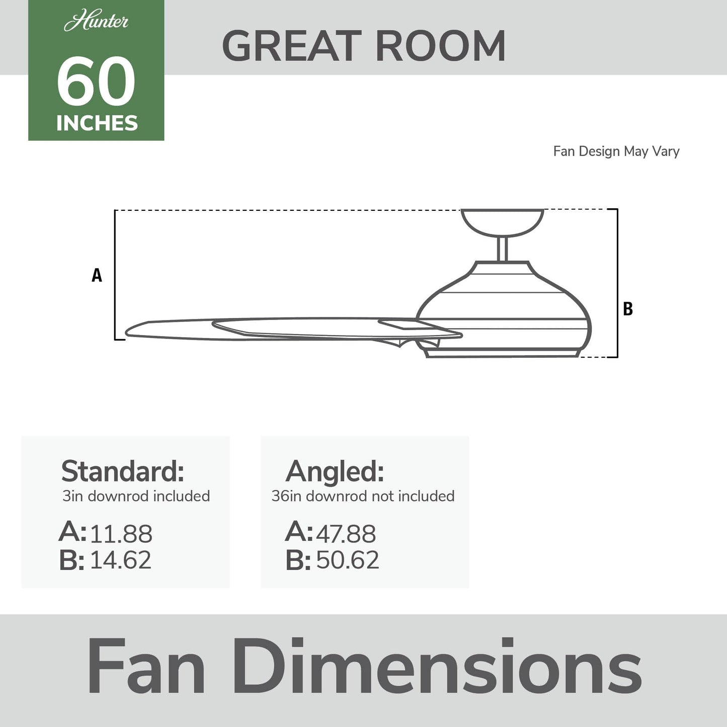 Hunter Fan 60 inch Ceiling Fan with No Light, Outdoor or Indoor Bronze Ceiling Fan with 3 Blades for Porch, Living Room, Office, Kitchen, Garage