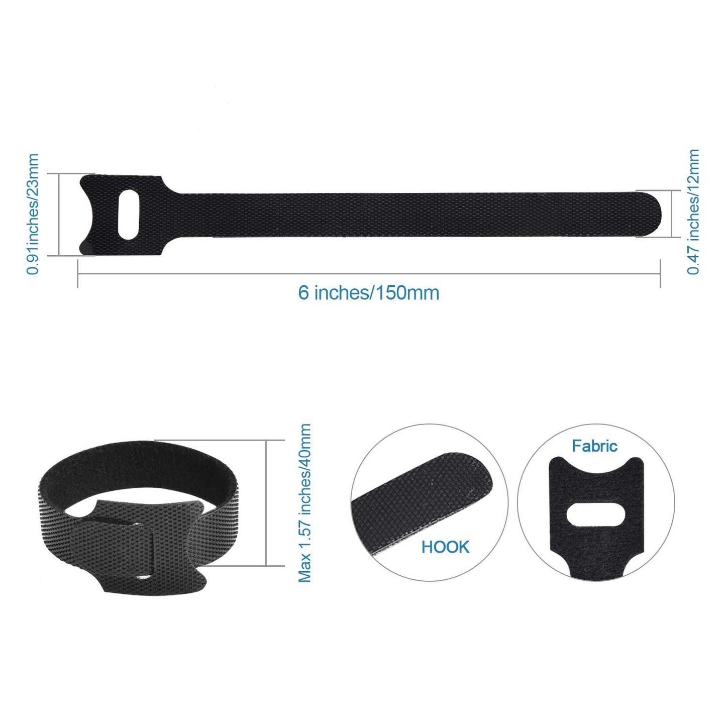 HMROPE 60PCS Fastening Cable Ties Reusable, Premium 6-Inch Adjustable Cord Ties, Microfiber Cloth Cable Management Straps Hook Loop Cord Organizer