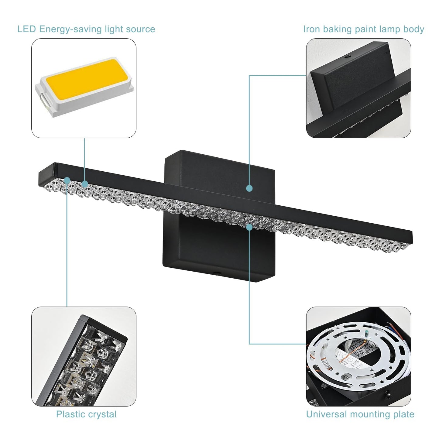 ZHUOER Modern LED Bathroom Vanity Lighting Fixtures Over Mirror 16inch 8W Modern Bath Light Matte Black Wall Lighting Fixture for Bathroom Cool White