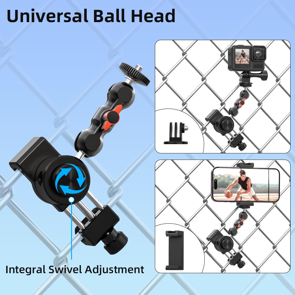SUREWO Aluminum Cell Phone Fence Mount for iPhone, Go pro,DJI Osmo Action 5Pro/4/3/2, Insta360,Mevo Start Clip Stand for Baseball Softball Tennis