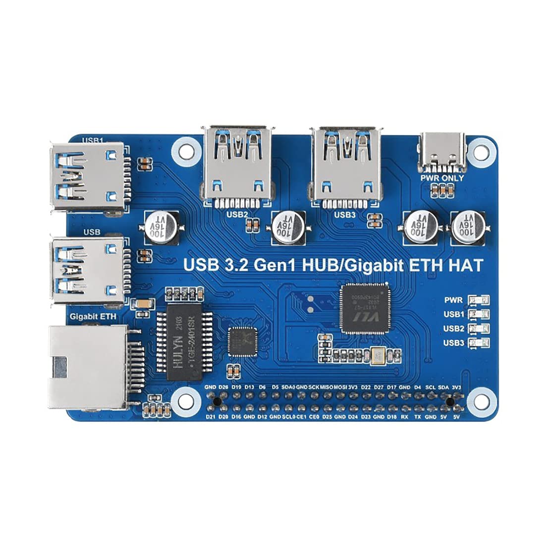 Coolwell USB 3.2 Gen1 and Gigabit Ethernet HUB HAT for Raspberry Pi Series Board, 3x USB 3.2 Gen1, 1x Gigabit Ethernet, Plug & Play, No Driver Needed