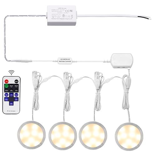 AIBOO Linkable LED Under Cabinet Lights Direct Wired 12V Slim Aluminum Dimmable Puck Lights with RF Remote Control for Accent Lighting (4 Lights, Warm