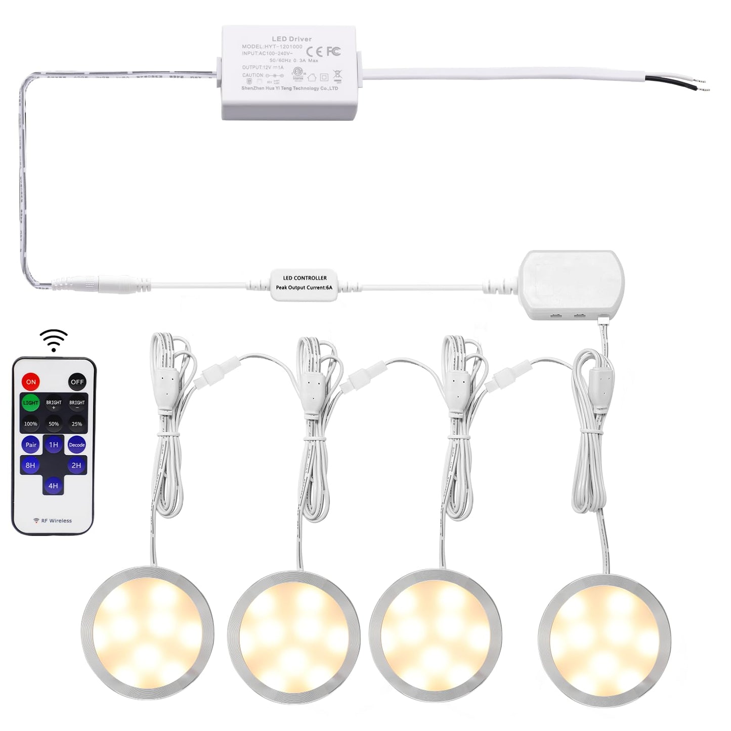 AIBOO Linkable LED Under Cabinet Lights Direct Wired 12V Slim Aluminum Dimmable Puck Lights with RF Remote Control for Accent Lighting (4 Lights, Warm