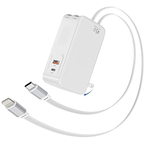 Retractable Wall Charger with Dual Cables,4-in-1 45W Retractable Phone Charger with Dual Port(USB C+USB A) 3.3FT USB C & Lightning Cable Foldable
