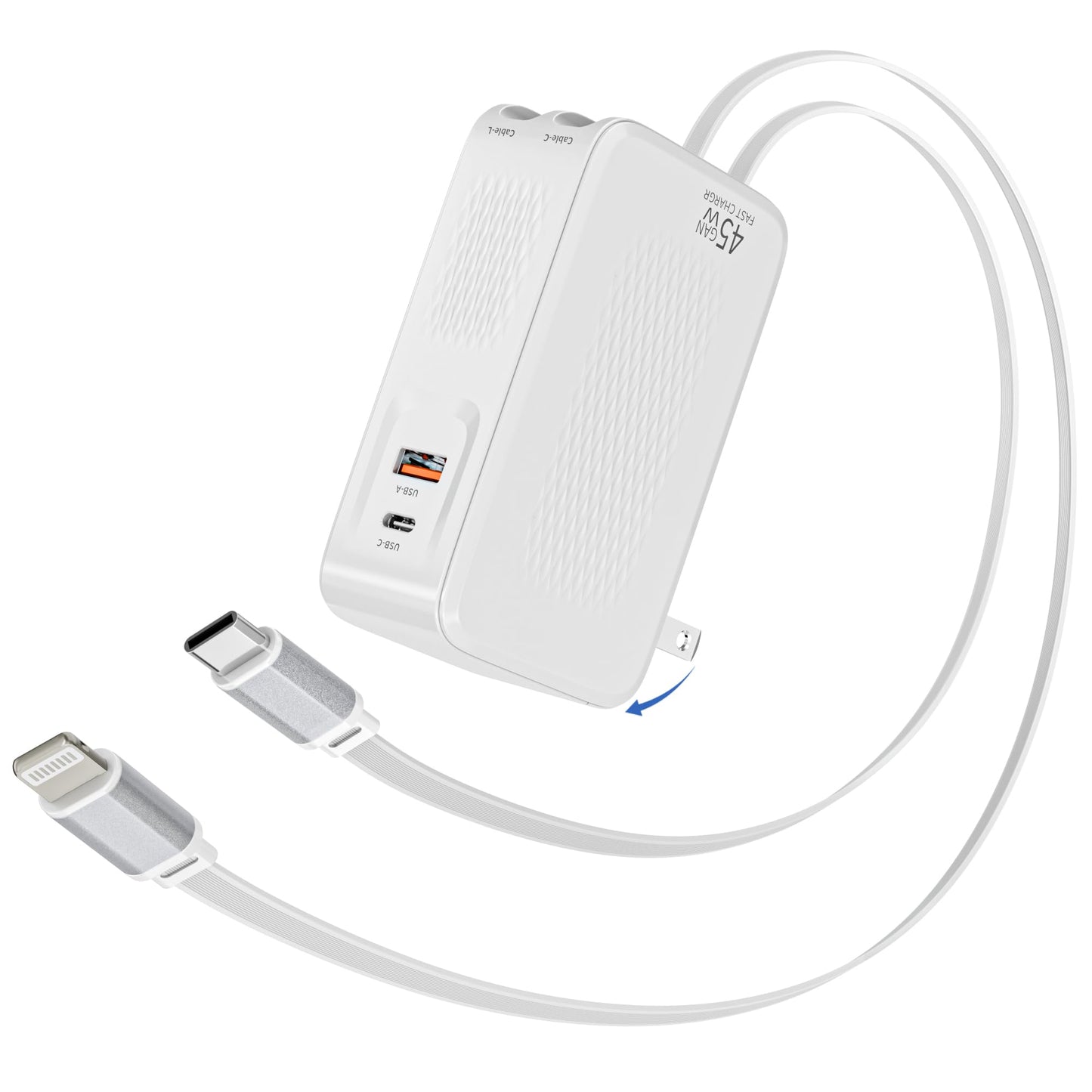 Retractable Wall Charger with Dual Cables,4-in-1 45W Retractable Phone Charger with Dual Port(USB C+USB A) 3.3FT USB C & Lightning Cable Foldable