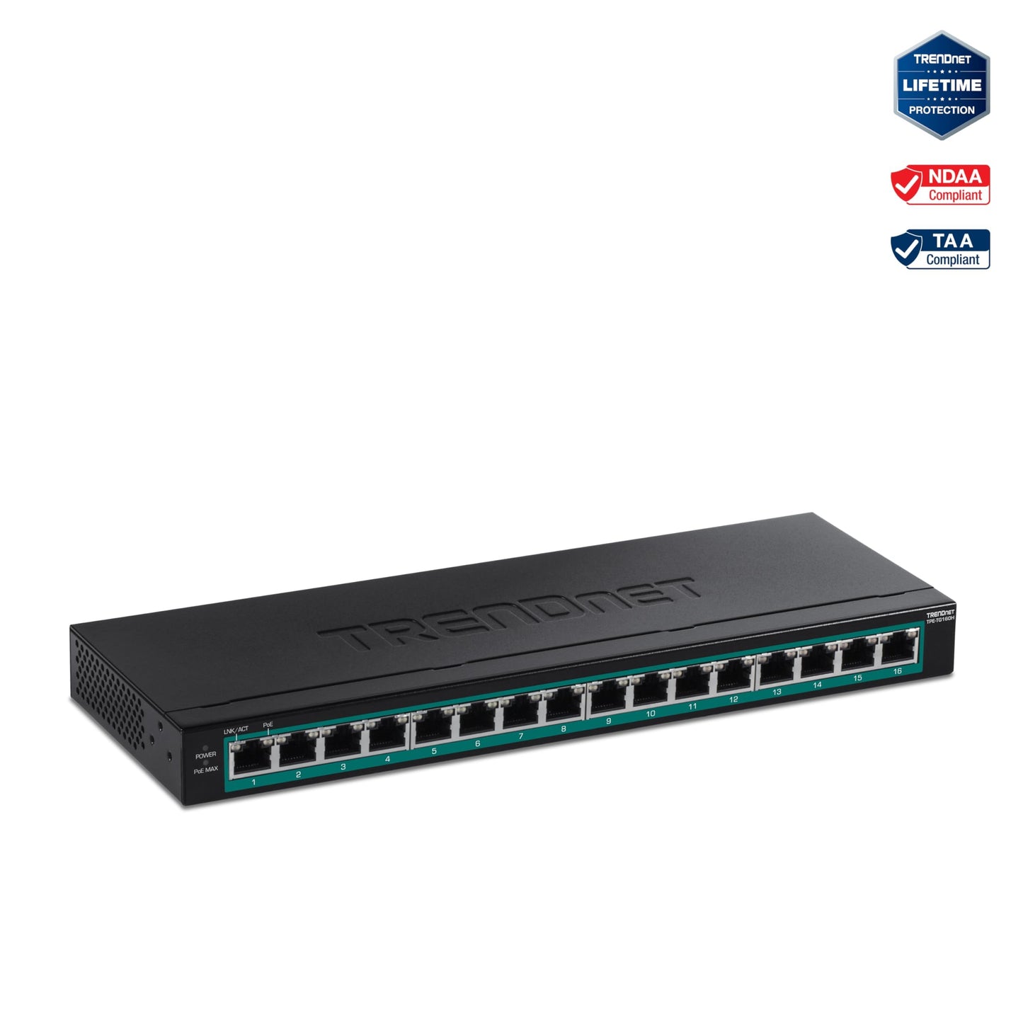 TRENDnet 16-Port Gigabit PoE+ Switch, TPE-TG160H, 123W PoE Power Budget, 32 Gbps Switching Capacity, Desktop Switch, Ethernet Network Switch, Metal