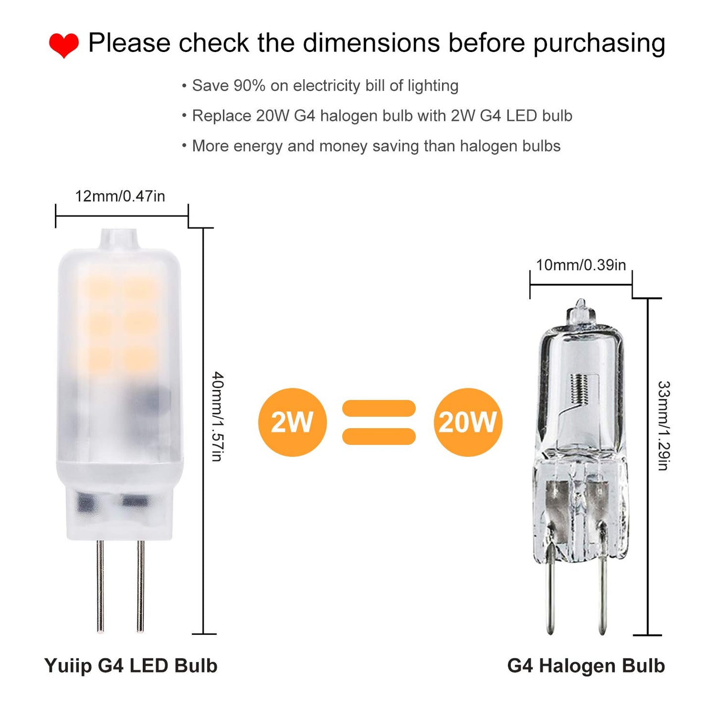 YUIIP G4 LED Light Bulb 2W AC/DC 12V Warm White 2700K G4 Bi-Pin Base Lamp 10W 15W 20W Halogen Bulbs Equivalent for Landscape Chandelier Under Cabinet
