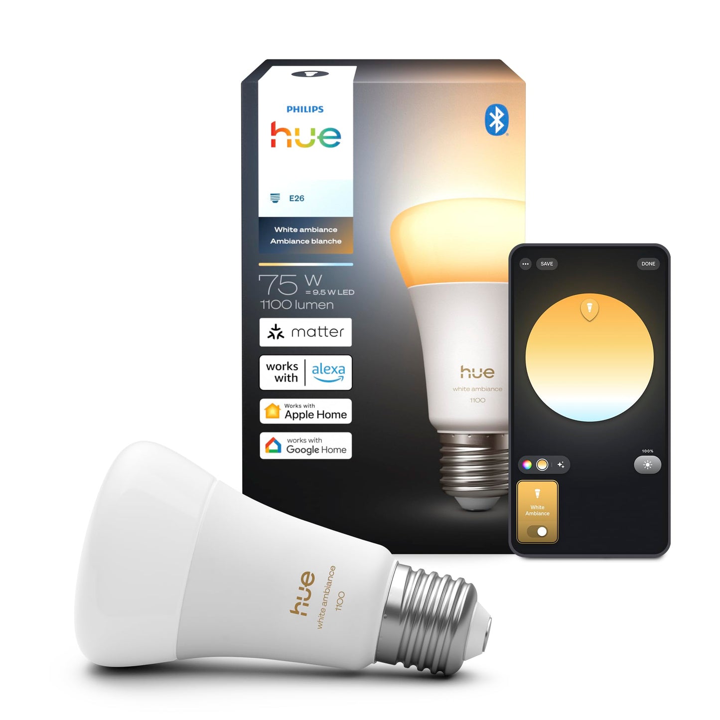 Philips Hue Smart LED A19 Bulb, White Ambiance, E26 Base, 9.5W, Full Spectrum Light 1000K-20000K, 1100 Lumens, Dimmable, Compatible with Alexa, Google