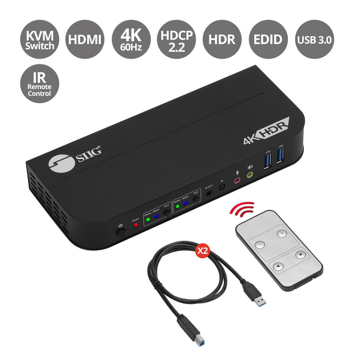 SIIG 2-Port 4K KVM Switch HDMI with Remote Control, 1x HDMI Output, 2X USB 3.2 Type-A Ports, EDID Bypass, Compatible with Windows and Mac