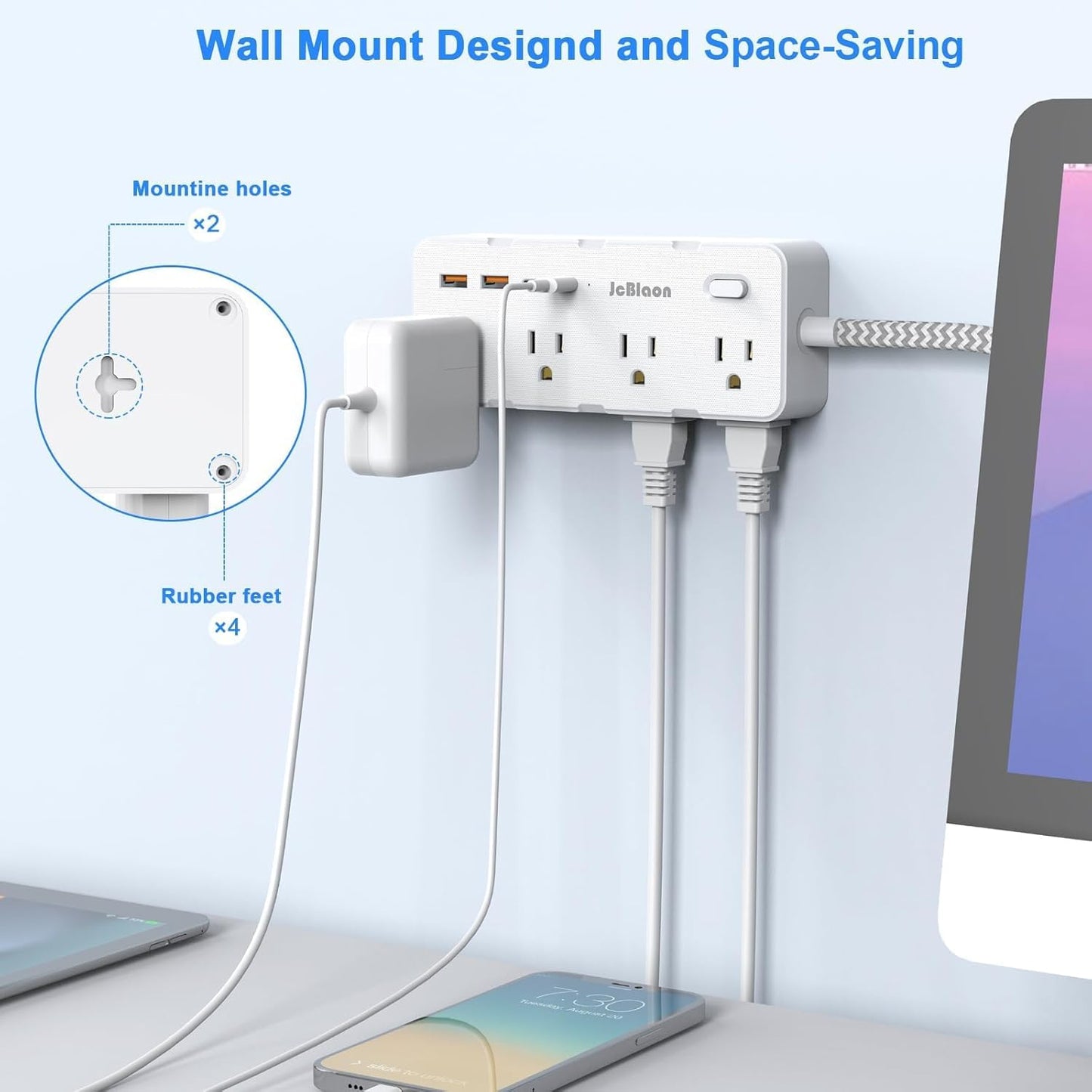 Power Strip Surge Protector - Multi Plug Outlet Adapter with 8 Widely Outlets & 4 USB Ports (2 USB-C), 5FT Extension Cord 45 ° Ultra Thin Flat Plug