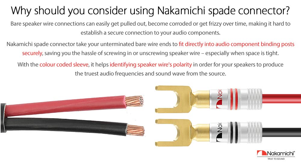 Nakamichi Excel Series 24k Gold Plated Spade Y Banana Plug 12-18 AWG Gauge Size 4mm for Speakers Amplifier Hi-Fi AV Stereo Home Theatre Audio Wire