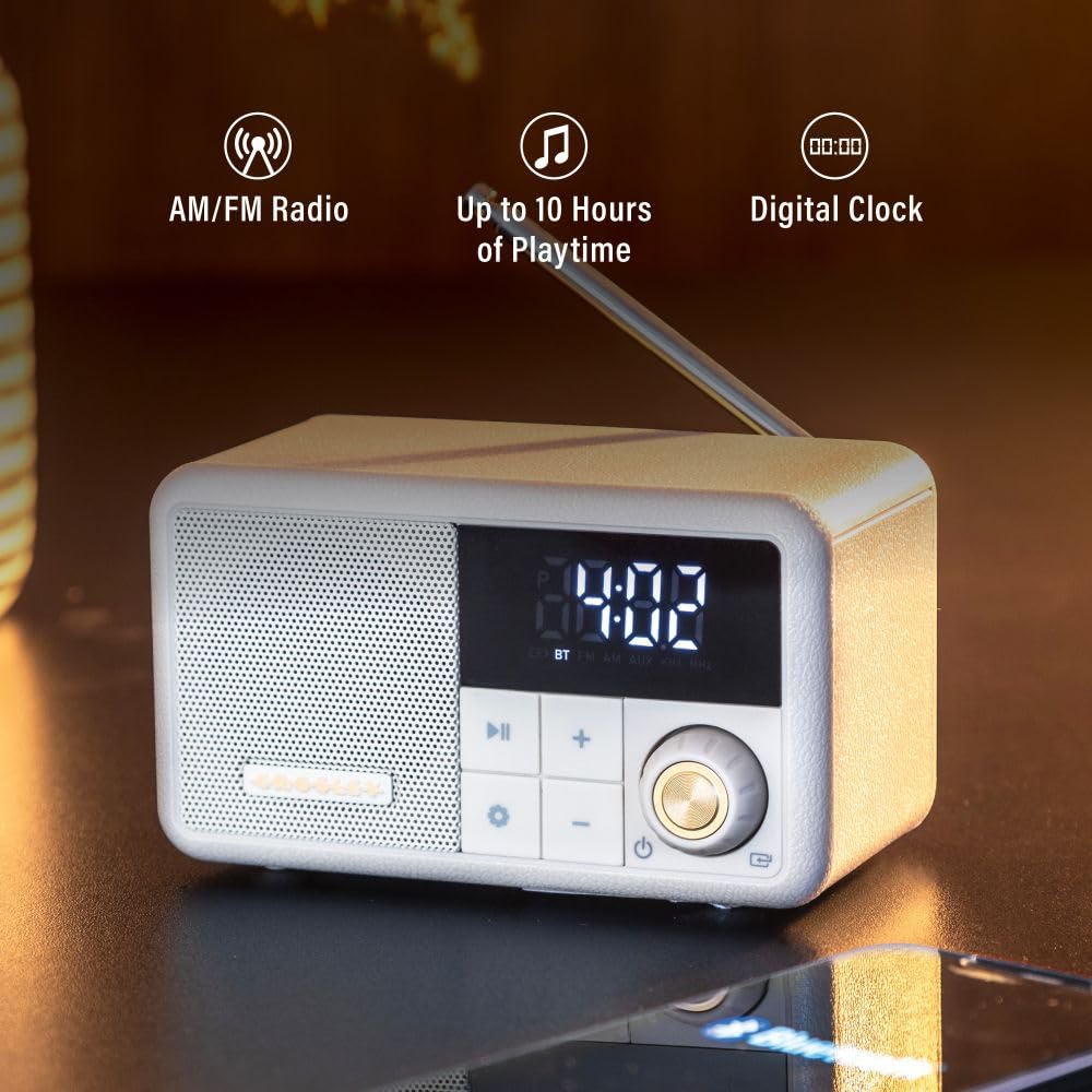 Crosley CR1121A-PB Cooper Retro AM/FM Radio, Portable Bluetooth Speaker with Aux Input and LED Display, Pebble
